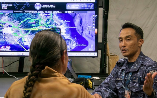 U.S. Marine Corps Maj. Serena Simeoli conducts a simulated media interview during RIMPAC 2026