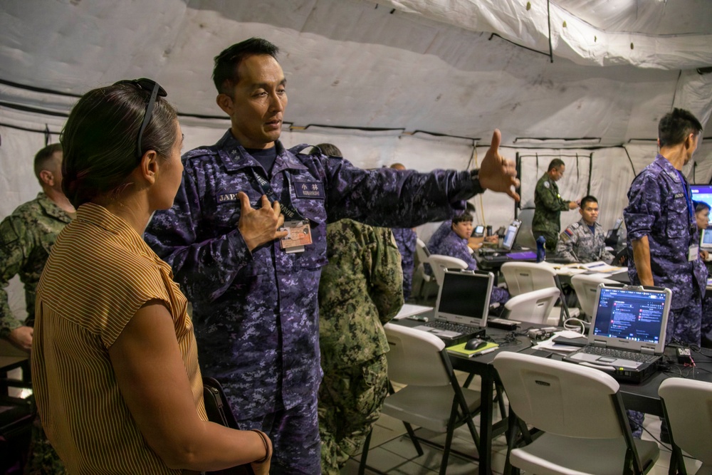 U.S. Marine Corps Maj. Serena Simeoli conducts a simulated media interview during RIMPAC 2026