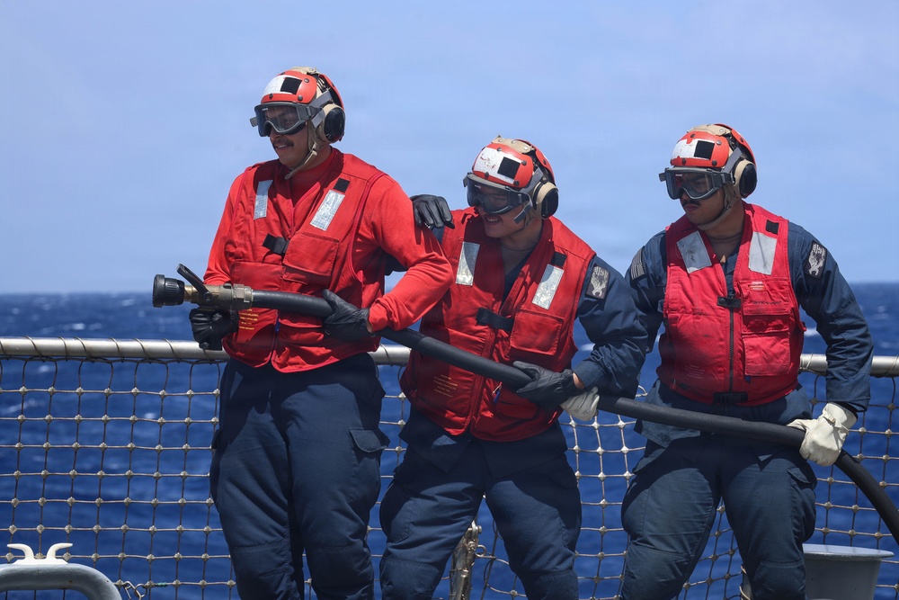 USS Carl M. Levin conducts firefighting drills during RIMPAC 2026