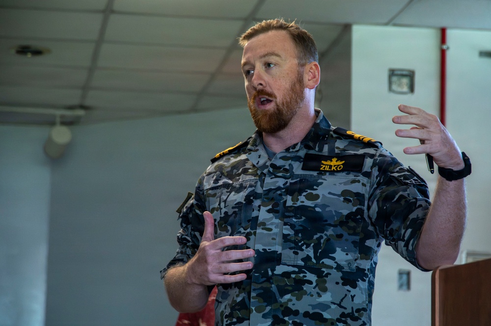 Partner nations participate in an Area Maritime Security Training and Exercise Program tabletop exercise during RIMPAC 2026