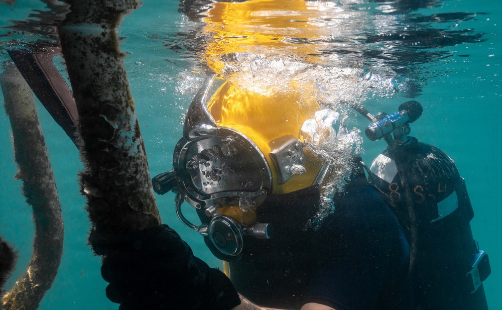 Multinational Navy divers work together during a salvage training during RIMPAC 26