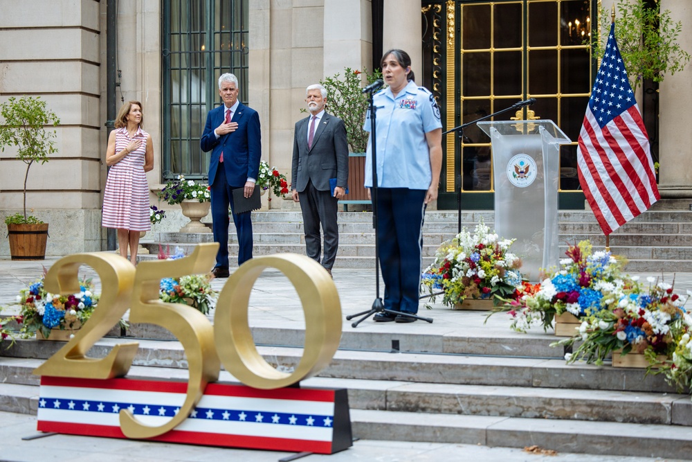 U.S. Air Forces in Europe Band vocalist MSgt Ainsley DeWitt performing the U.S. National Anthem for "Freedom 250" celebration in Prague, Czech Republic