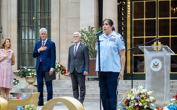 U.S. Air Forces in Europe Band vocalist MSgt Ainsley DeWitt performing the U.S. National Anthem for "Freedom 250" celebration in Prague, Czech Republic