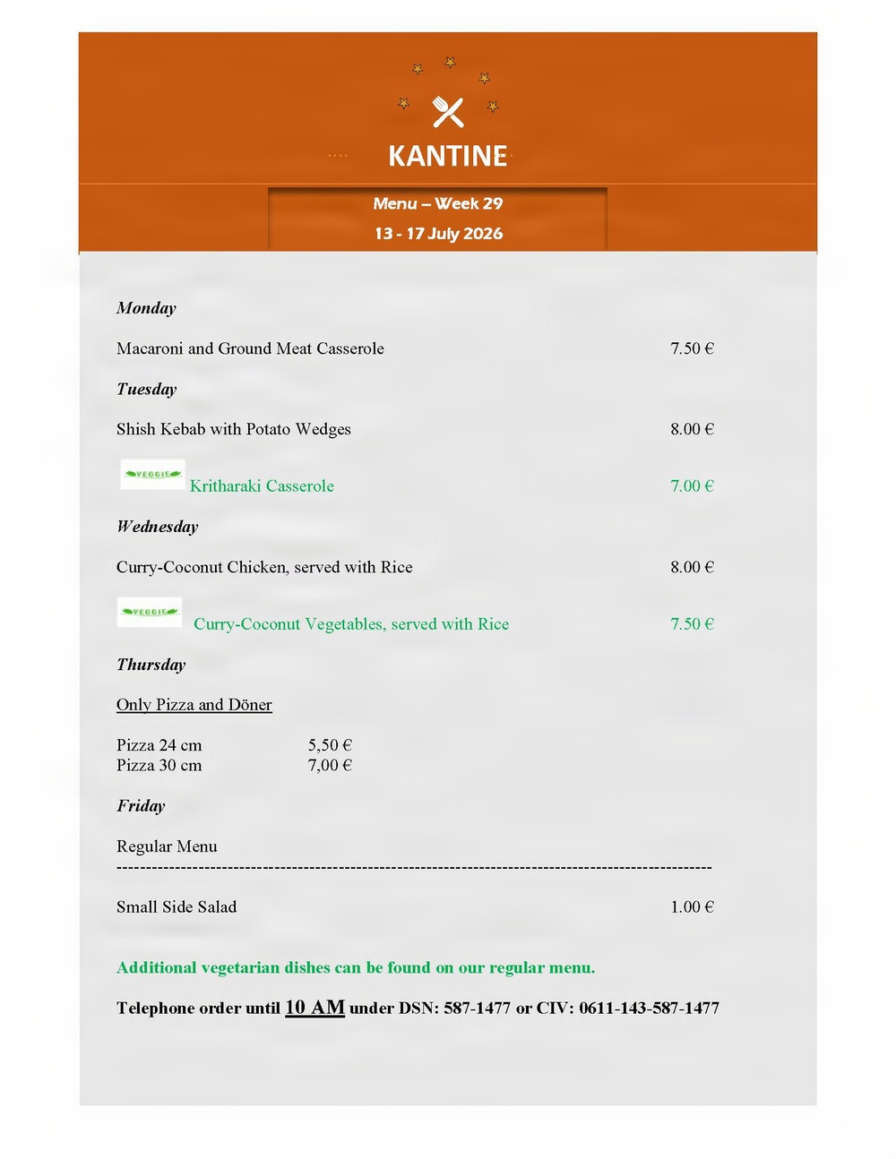 Kantine Menü - July 13-17, 2026