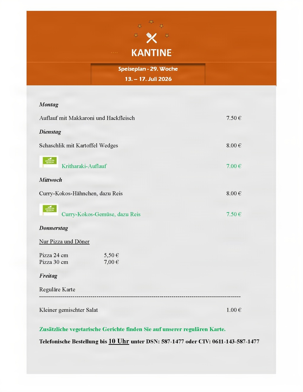 Kantine Menü - July 13-17, 2026