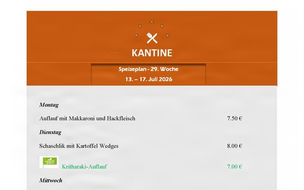 Kantine Menü - July 13-17, 2026