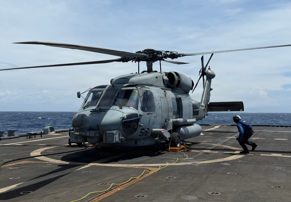 An MH-60R Seahawk helicopter, assigned to Helicopter Maritime Strike Squadron (HSM) 48, readies for flight aboard the littoral combat ship USS Billings (LCS 15).