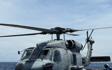 An MH-60R Seahawk helicopter, assigned to Helicopter Maritime Strike Squadron (HSM) 48, readies for flight aboard the littoral combat ship USS Billings (LCS 15).