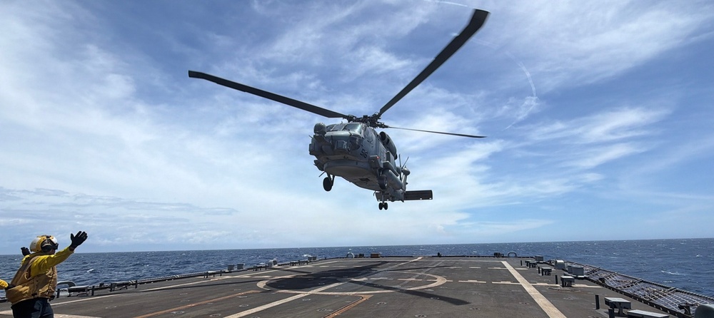 An MH-60R Seahawk helicopter, assigned to Helicopter Maritime Strike Squadron (HSM) 48, takes flight aboard the littoral combat ship USS Billings (LCS 15).