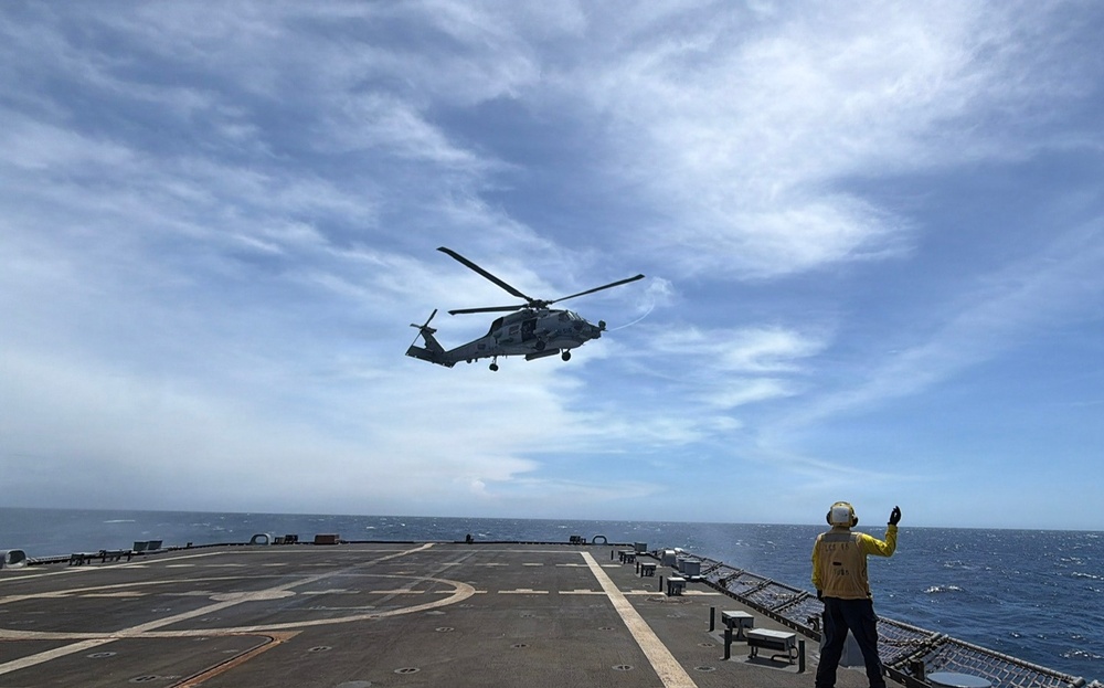 An MH-60R Seahawk helicopter, assigned to Helicopter Maritime Strike Squadron (HSM) 48, takes flight aboard the littoral combat ship USS Billings (LCS 15).