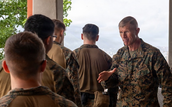 Maj. Gen. Jarrard Speaks With Marine at U.S. Embassy Caracas