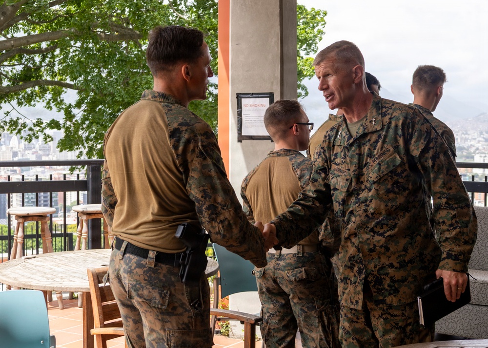 Maj. Gen. Jarrard Speaks With Marine at U.S. Embassy Caracas