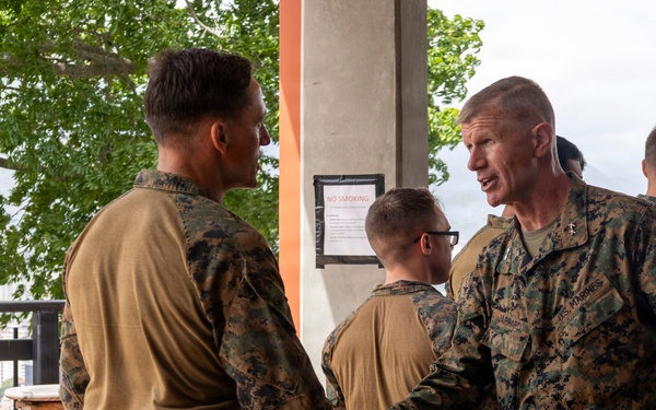 Maj. Gen. Jarrard Speaks With Marine at U.S. Embassy Caracas