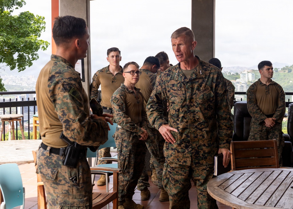 Maj. Gen. Jarrard Speaks With Marine at U.S. Embassy Caracas