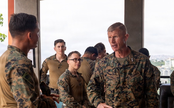 Maj. Gen. Jarrard Speaks With Marine at U.S. Embassy Caracas