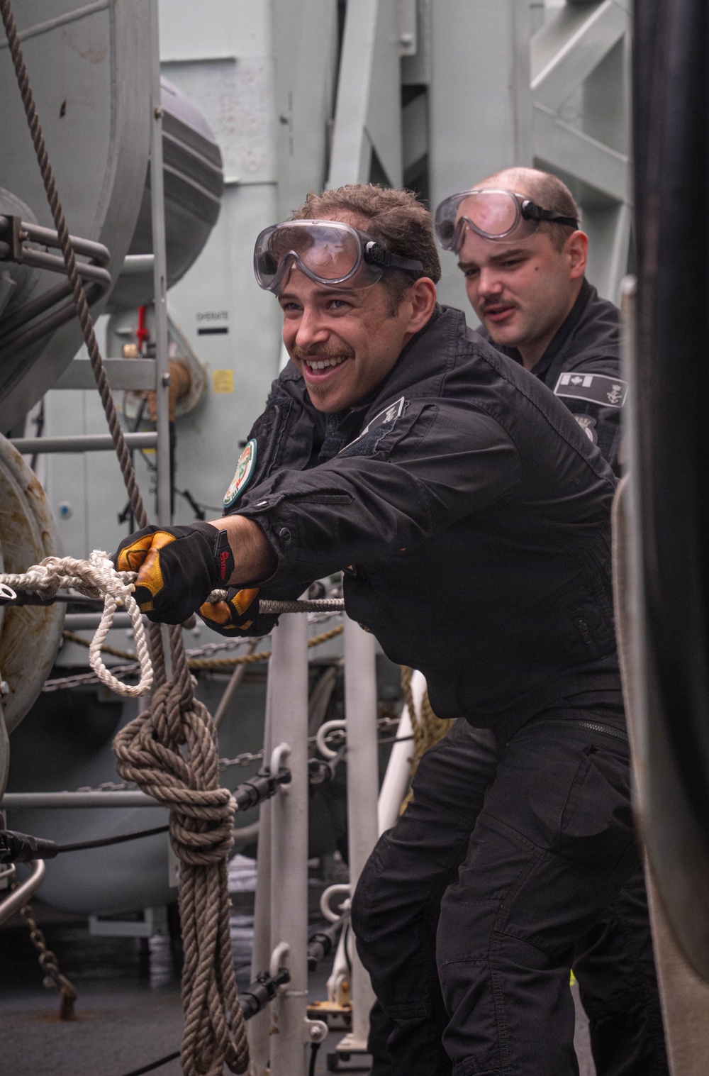 Canadian Halifax-class frigate Regina participates in a replenishment at sea with HMNZS Aotearoa