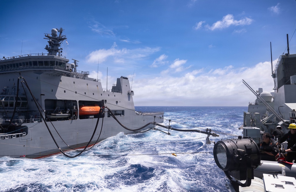 Canadian Halifax-class frigate Regina participates in a replenishment at sea with HMNZS Aotearoa