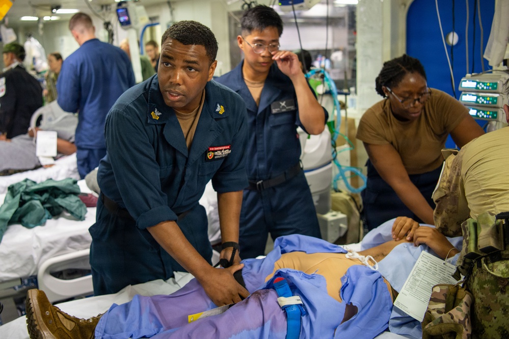 RIMPAC servicemembers conduct mass casualty drill Aboard USS Essex
