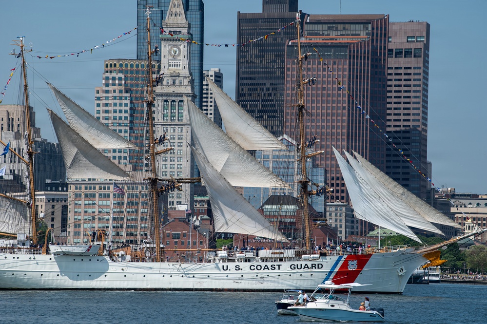 USCGC Eagle sails into Boston Harbor during Sail 250 Parade of Sail