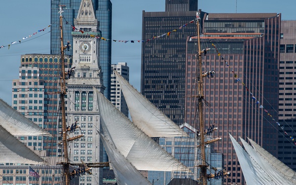 USCGC Eagle sails into Boston Harbor during Sail 250 Parade of Sail