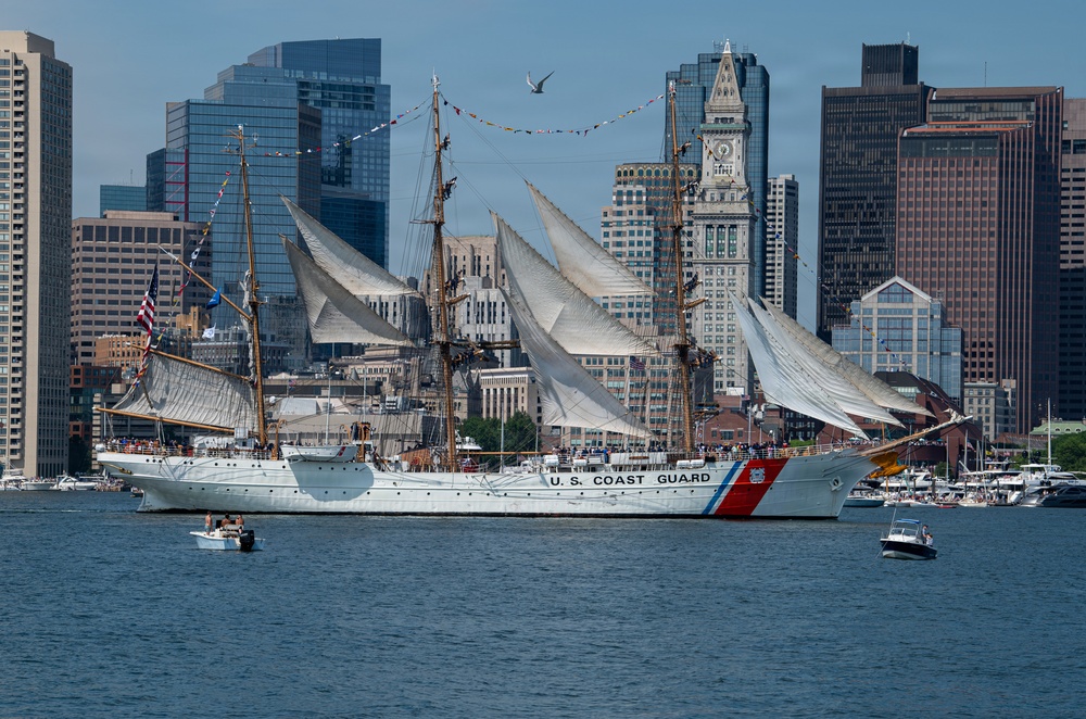 USCGC Eagle sails into Boston Harbor during Sail 250 Parade of Sail