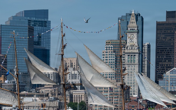 USCGC Eagle sails into Boston Harbor during Sail 250 Parade of Sail