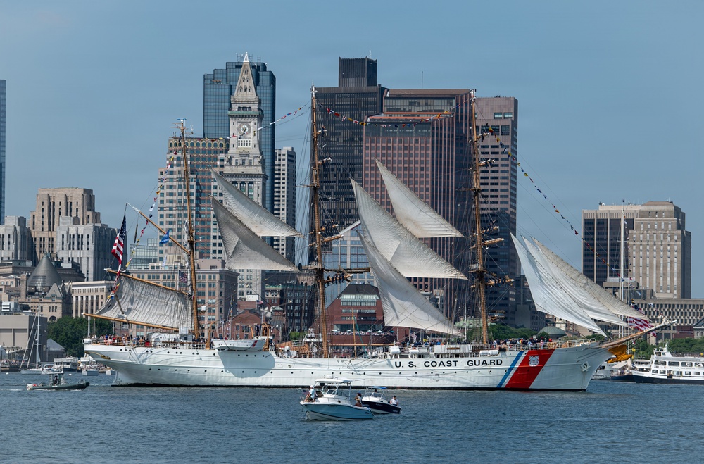 USCGC Eagle sails into Boston Harbor during Sail 250 Parade of Sail
