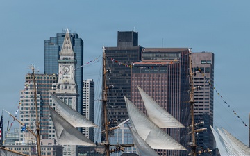 USCGC Eagle sails into Boston Harbor during Sail 250 Parade of Sail