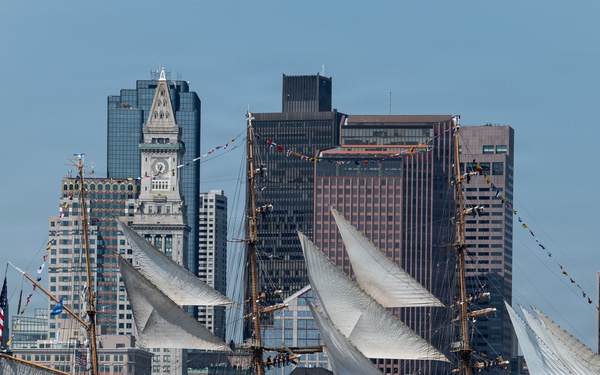 USCGC Eagle sails into Boston Harbor during Sail 250 Parade of Sail