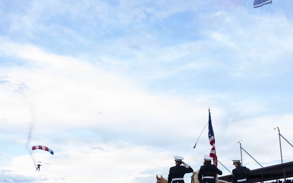 U.S. Marine Corps Mounted Color Guard participates in the Cody Stampede