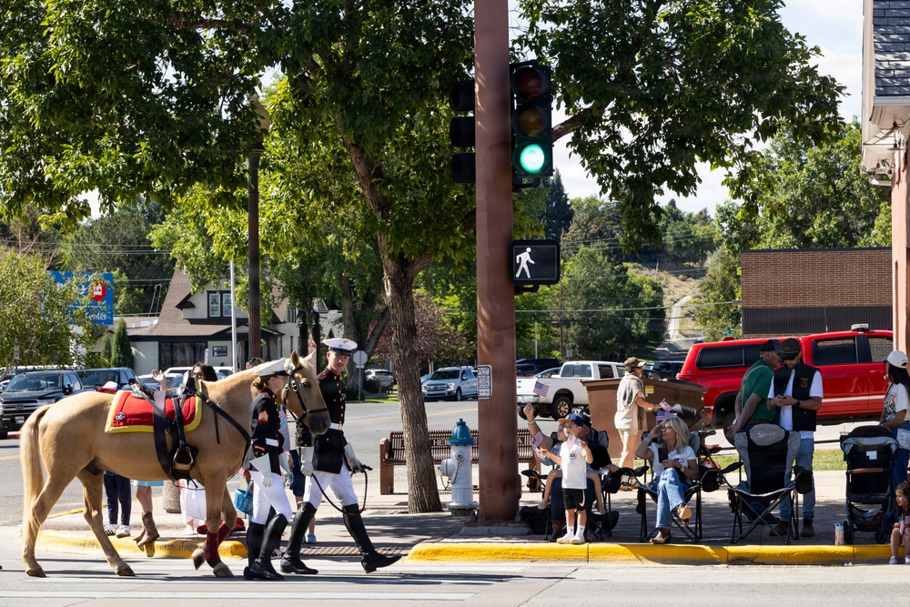 U.S. Marine Corps Mounted Color Guard participates in the Cody Stampede