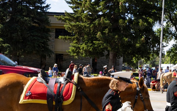 U.S. Marine Corps Mounted Color Guard participates in the Cody Stampede