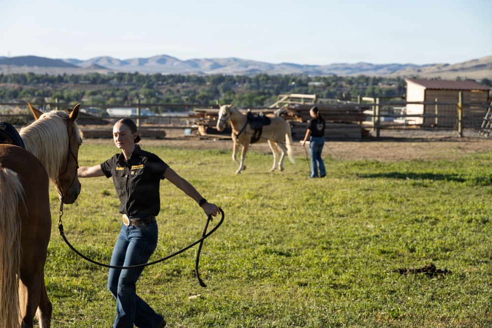 U.S. Marine Corps Mounted Color Guard participates in the Cody Stampede