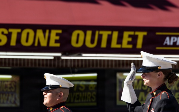 U.S. Marine Corps Mounted Color Guard participates in the Cody Stampede