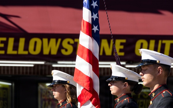 U.S. Marine Corps Mounted Color Guard participates in the Cody Stampede
