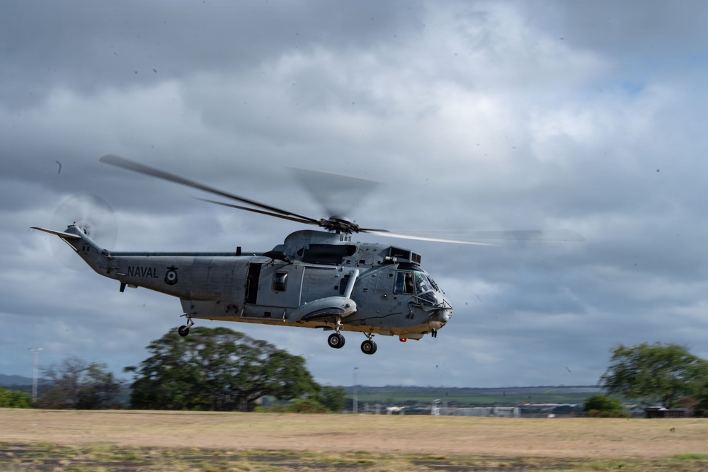 A military naval helicopter is captured in low-altitude flight or hover over an open grassy field. The aircraft is painted in a gray color scheme with 'NAVAL' markings visible on the fuselage, consistent with a Sikorsky Sea King or similar naval helicopter. The rotor blades are in motion, and debris or dust is being kicked up from the ground below.