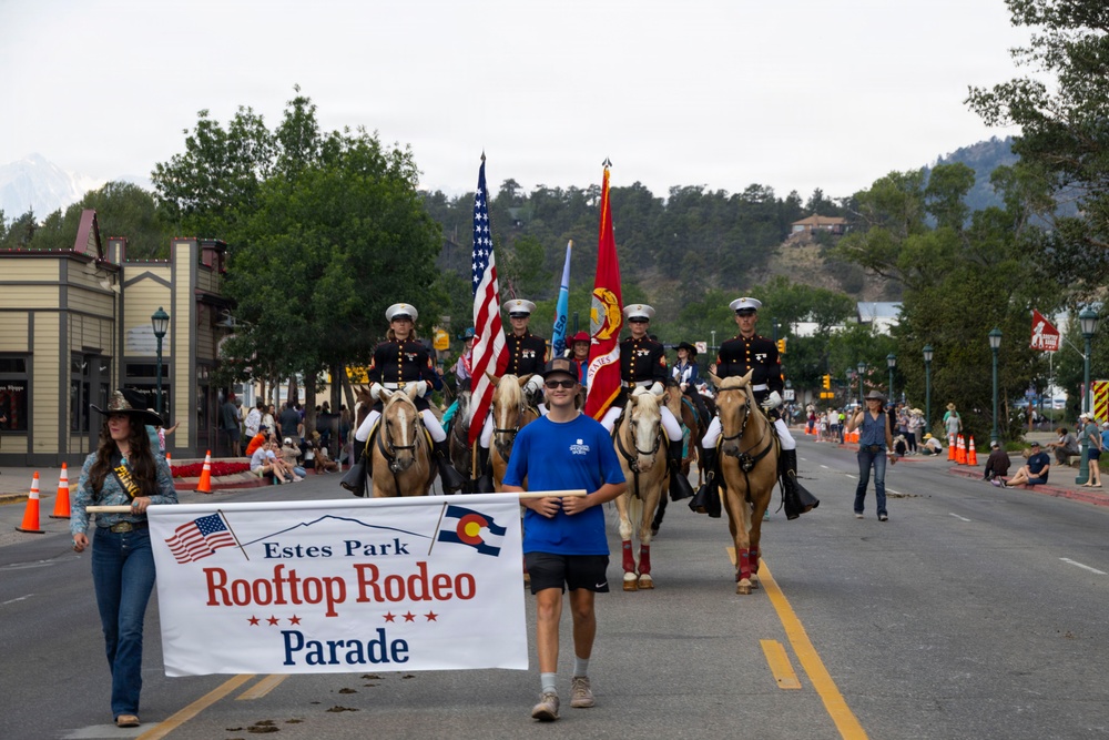 U.S. Marine Corps Mounted Color Guard participates in the Rooftop Rodeo