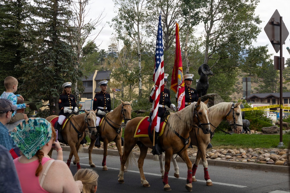 U.S. Marine Corps Mounted Color Guard participates in the Rooftop Rodeo