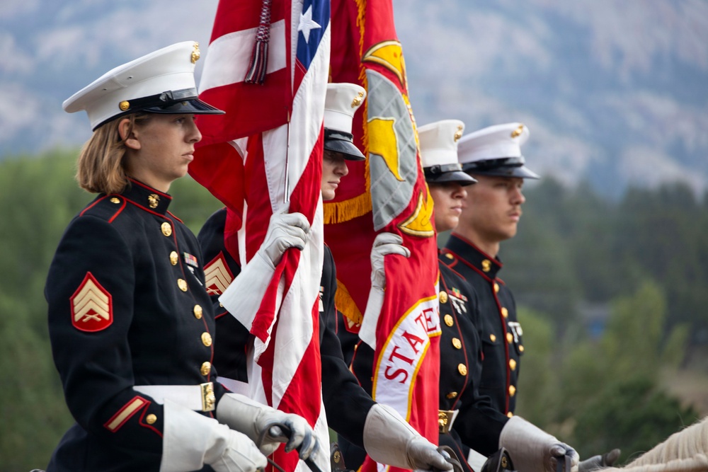 U.S. Marine Corps Mounted Color Guard participates in the Rooftop Rodeo