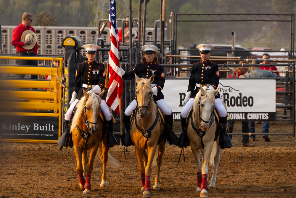 U.S. Marine Corps Mounted Color Guard participates in the Rooftop Rodeo