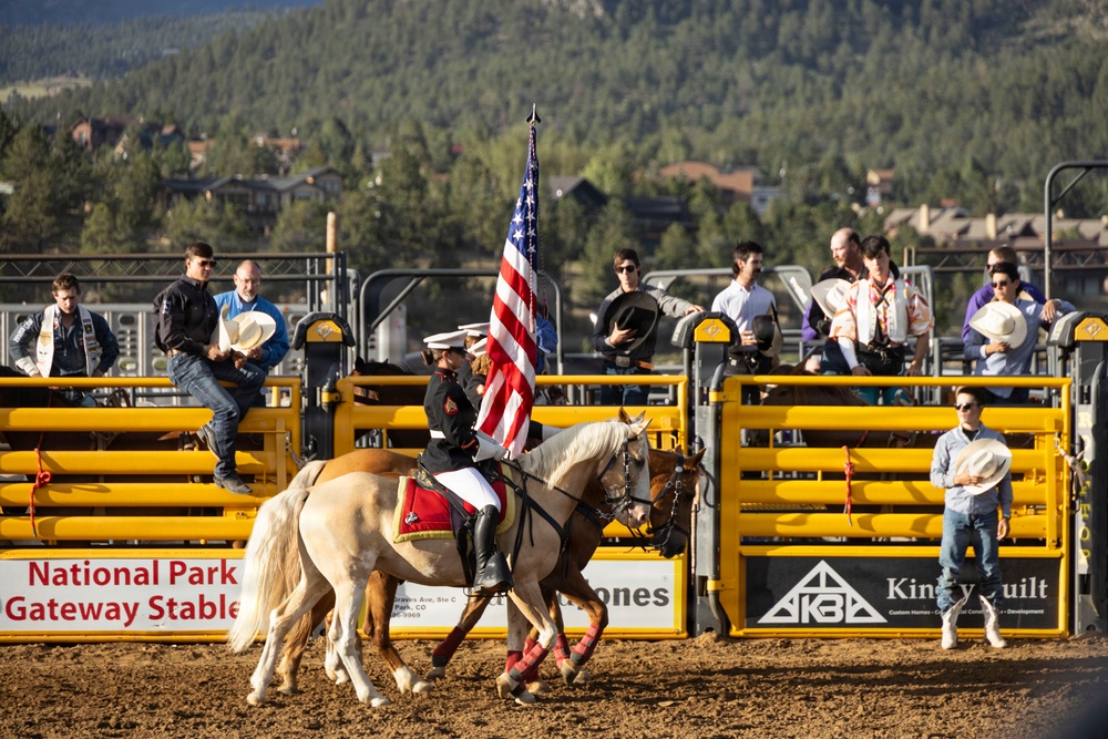 U.S. Marine Corps Mounted Color Guard participates in the Rooftop Rodeo