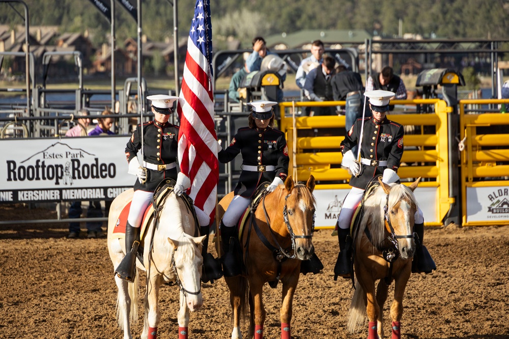 U.S. Marine Corps Mounted Color Guard participates in the Rooftop Rodeo
