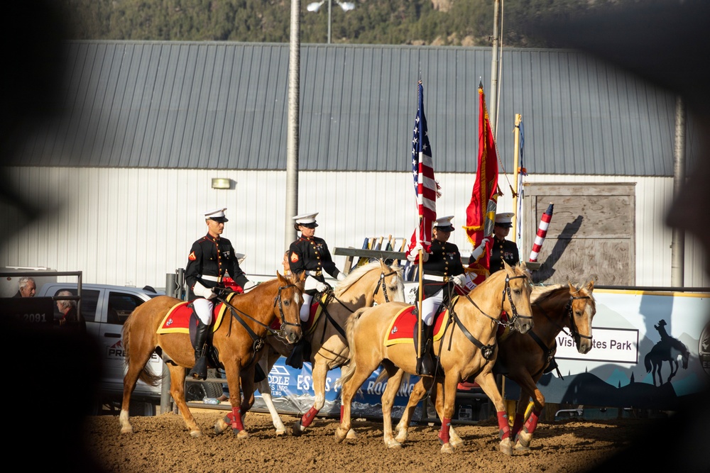 U.S. Marine Corps Mounted Color Guard participates in the Rooftop Rodeo