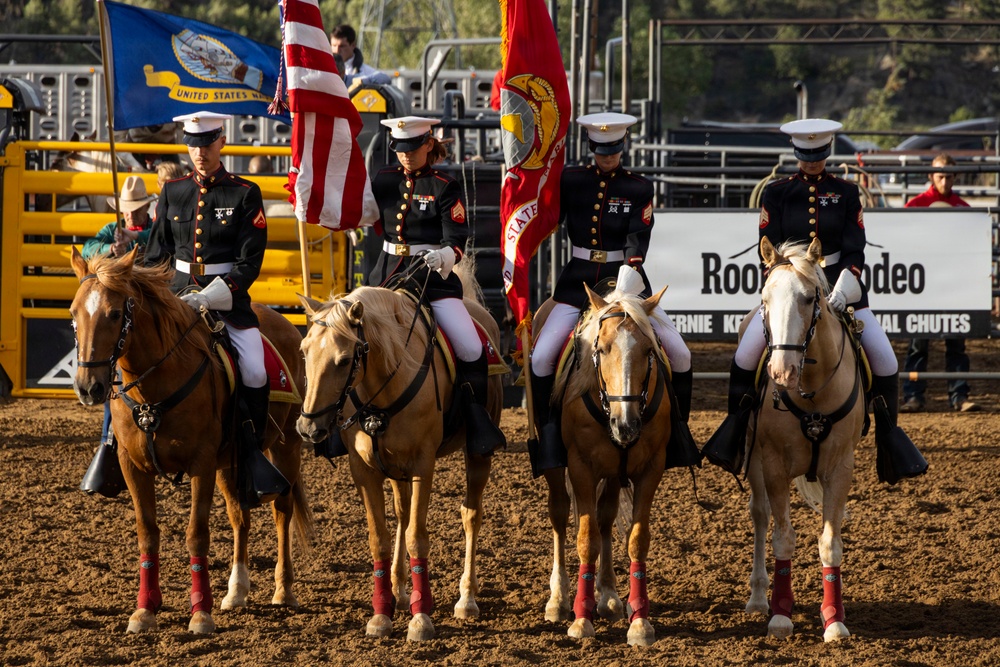 U.S. Marine Corps Mounted Color Guard participates in the Rooftop Rodeo