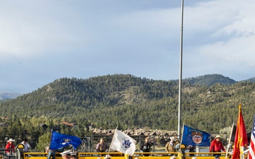 U.S. Marine Corps Mounted Color Guard participates in the Rooftop Rodeo