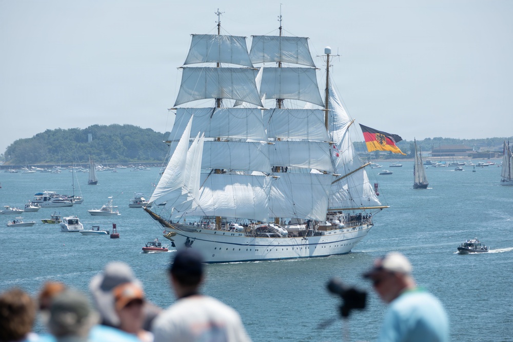 The German Navy training ship Gorch Fock participates in the Sail250 Boston Parade of Sail