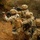 Four soldiers in MultiCam/OCP camouflage uniforms are positioned against a rocky outcrop in a tactical formation, with at least two aiming rifles around a corner. The soldiers are wearing full combat gear including plate carriers, helmets, and tactical accessories. This appears to be either a training exercise or combat operation based on the coordinated team movement.