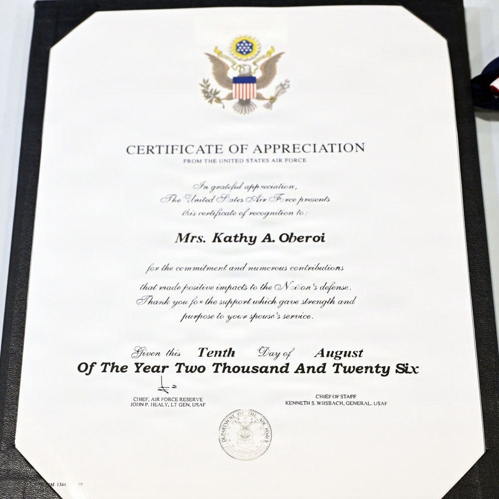 Col. Oberoi Retirement Ceremony - July 11, 2026 - Spouse Appreciation Certificate