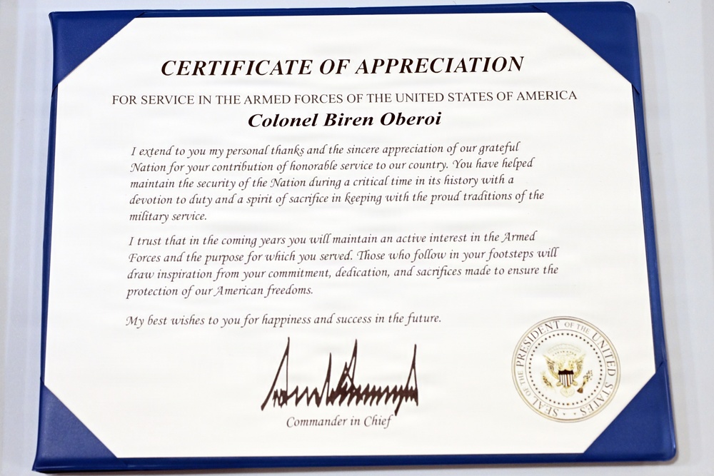 Col. Oberoi Retirement Ceremony - July 11, 2026 - Appreciation Certificate