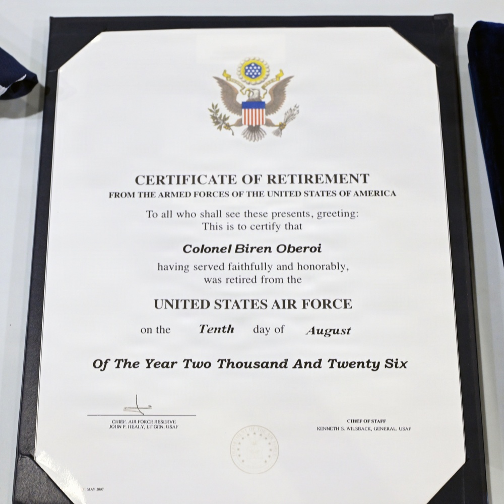 Col. Oberoi Retirement Ceremony - July 11, 2026 - Certificate